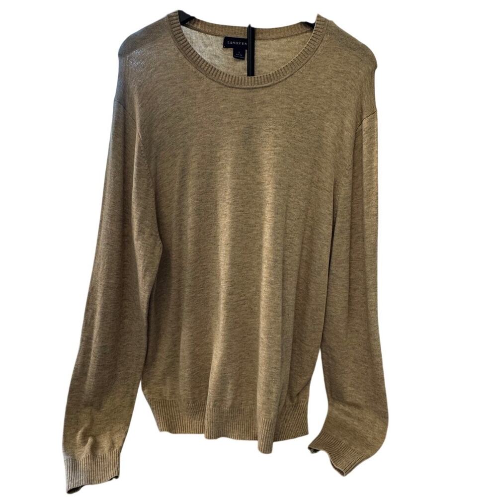 New LANDS' END Men's Vintage Tan 100% Pure Lambswool Crewneck Sweater Large